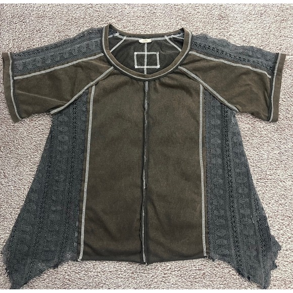 POL Tops - POL Top L Washed Black Brown Crochet Lace Sharkbite Hem Boho Lagenlook